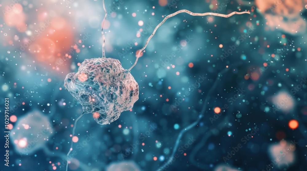 Poster a 3d rendering of a neuron cell with intricate details and soft bokeh lights in the background, high