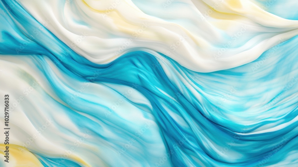 Poster a smooth, abstract image of flowing fabric in blue, white, and yellow tones, creating a soft and flu