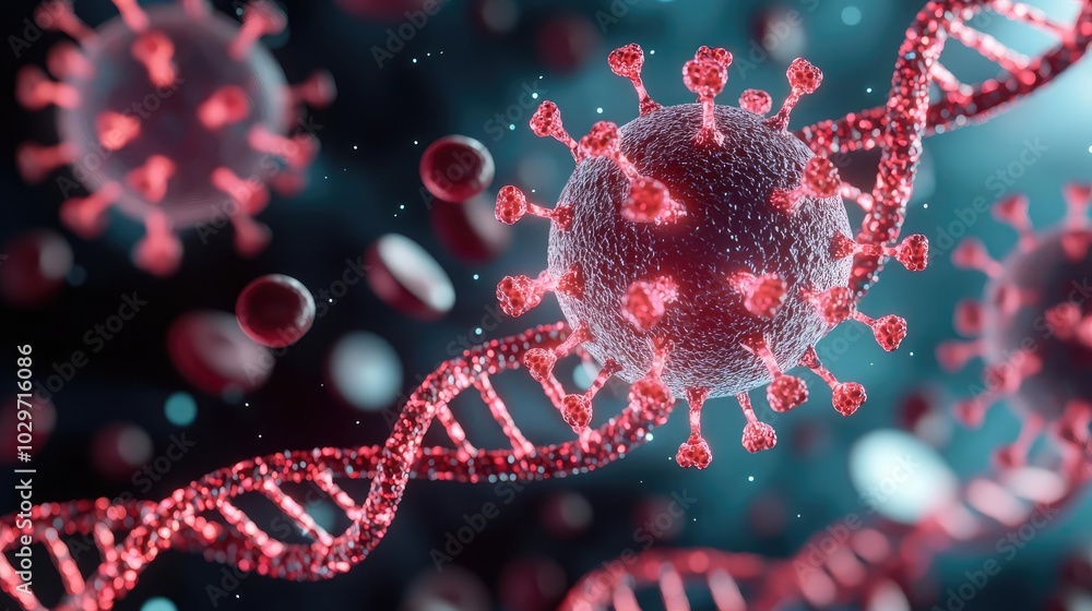 Poster microscopic view of a virus cell with dna strands in a vibrant, abstract background.
