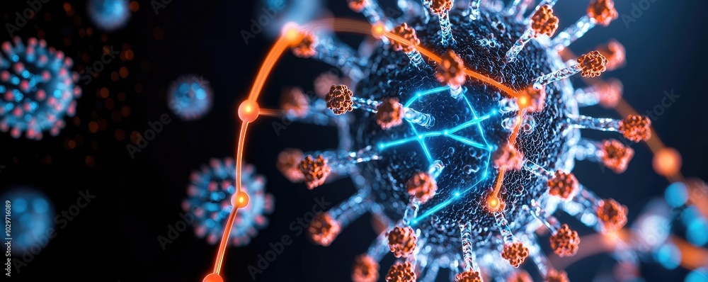Poster detailed virus structure with colorful elements on a dark background.