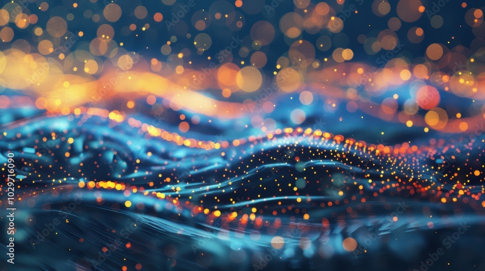 Poster dynamic abstract waves with flowing lines and glowing particles, creating a sense of movement and en