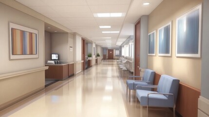 Hospital hallway design with bright lighting, clean furniture, and modern seating