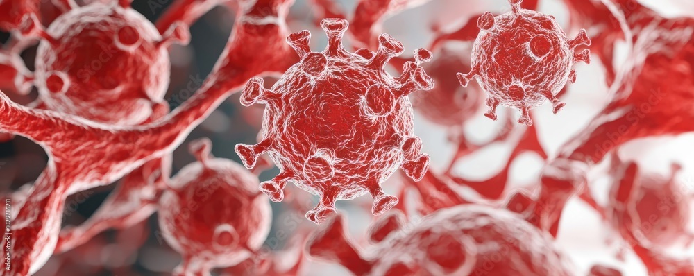 Poster close-up view of virus cells on a detailed microscopic background.
