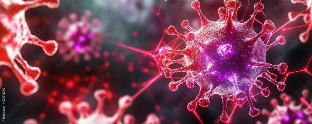 Poster colorful abstract representation of viruses on a dark background.