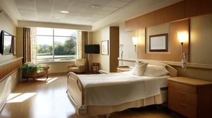 Hospital lighting design featuring soft, ambient lighting in patient rooms and bright lighting in corridors