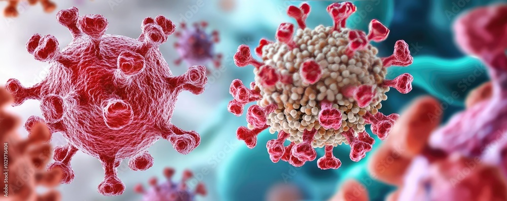 Poster 3D rendering of virus cells in a colorful microscopic view.