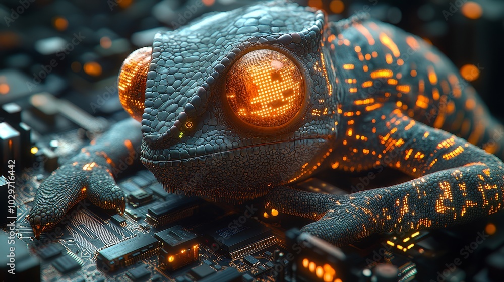 Poster a close-up top-down view of a chameleon with glowing eyes navigating a circuit board, symbolizing te