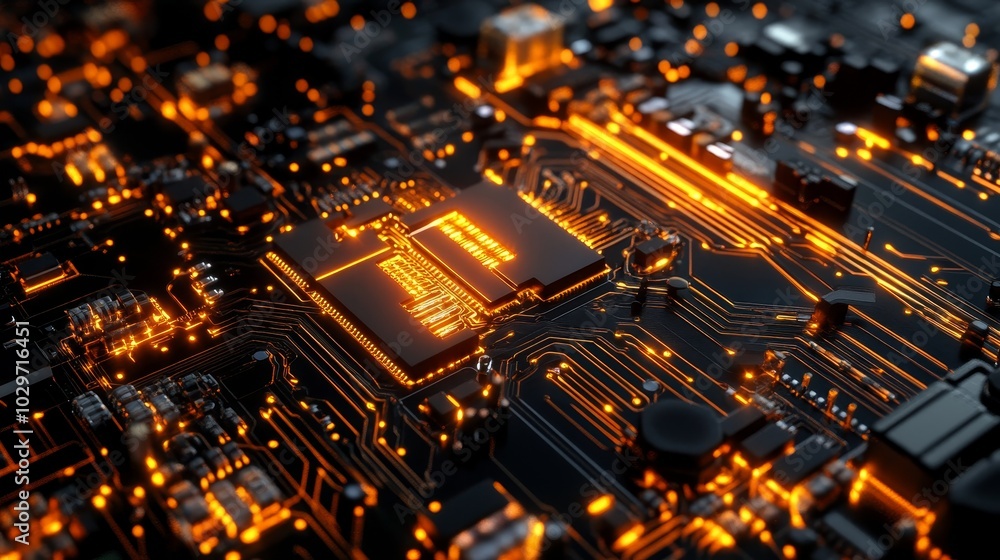 Poster a close-up view of a high-tech circuit board with glowing orange lines, showcasing intricate integra