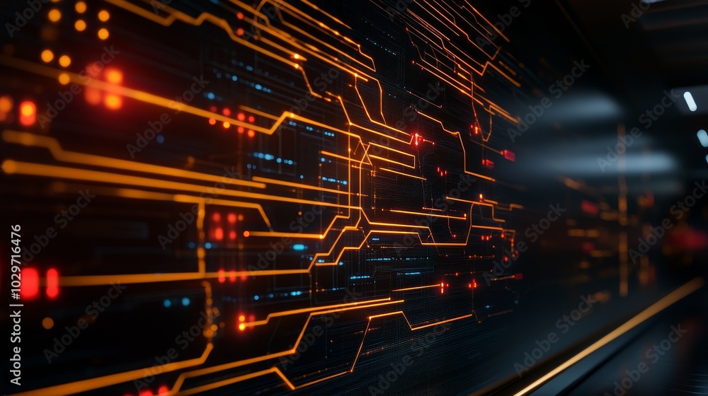 Poster a close-up view of a high-tech circuit board with glowing orange lines and red dots, symbolizing dig