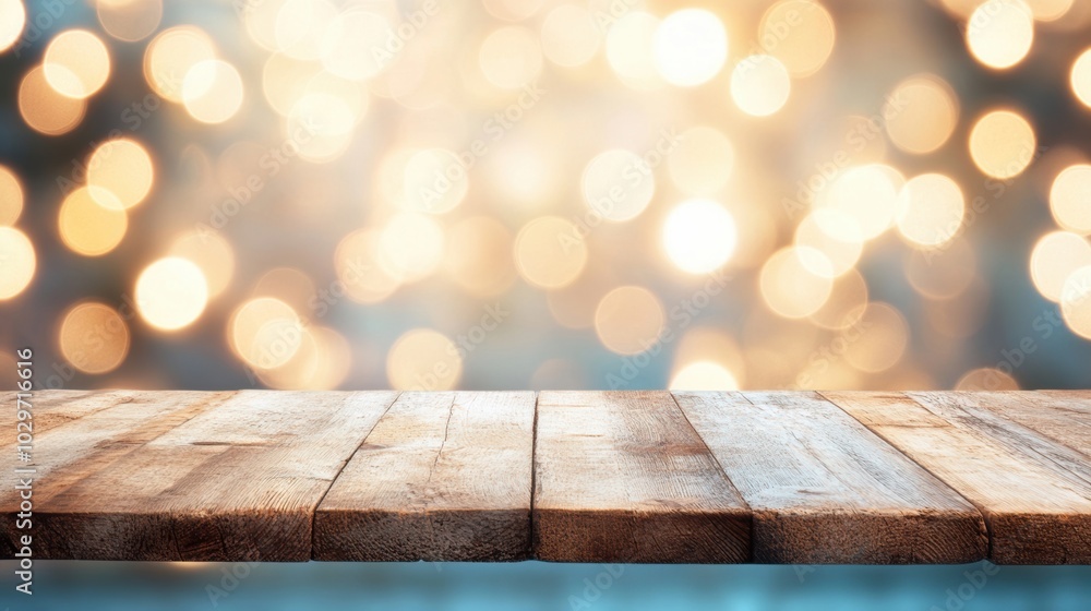 Poster rustic wooden table in the foreground with a background of blurred golden bokeh lights, creating a w
