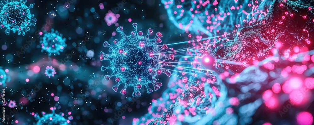 Poster Abstract representation of virus particles on a colorful background.