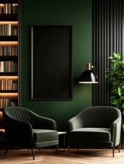 A contemporary living room featuring a dark green wall, two plush velvet armchairs, a bookshelf, and a large empty frame ready for your artwork or design.