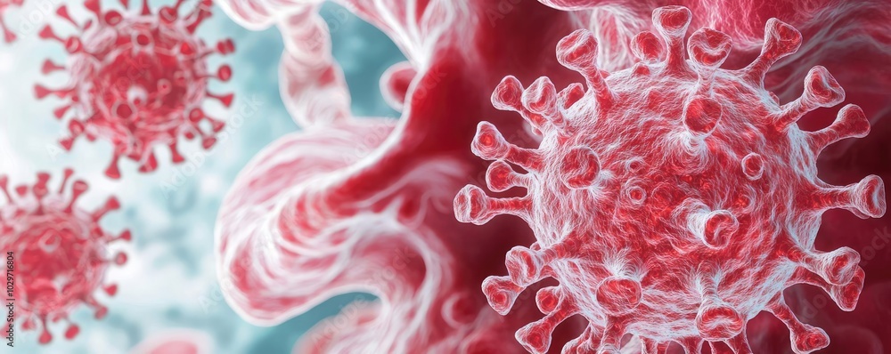 Poster microscopic view of a virus with intricate details and colorful background.