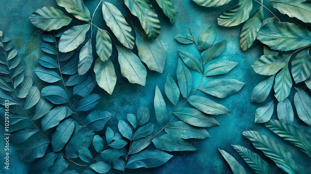 Aufkleber textured 3d botanical artwork with overlapping fern leaves, rendered in cool blues and greens, creat