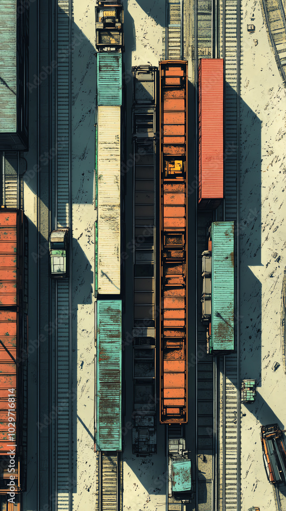 Poster a highangle view of a rail yard, with rows of cargo containers being loaded onto waiting trains