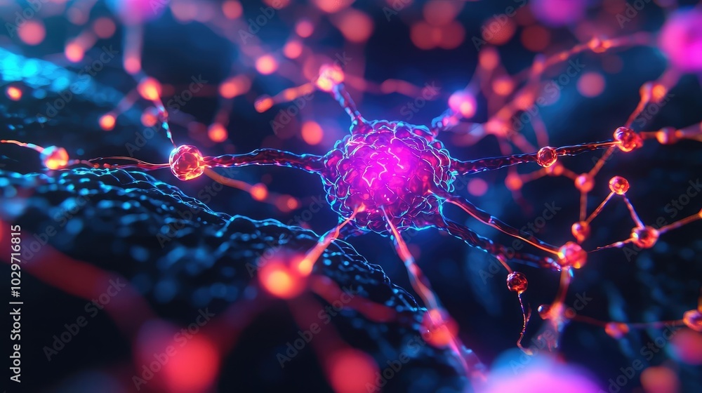 Poster abstract neural network illustration with vibrant colors and glowing connections.