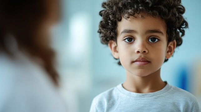 Portrait of a young boy with curly hair, gazing intently into the camera with a serious expression in soft lighting.