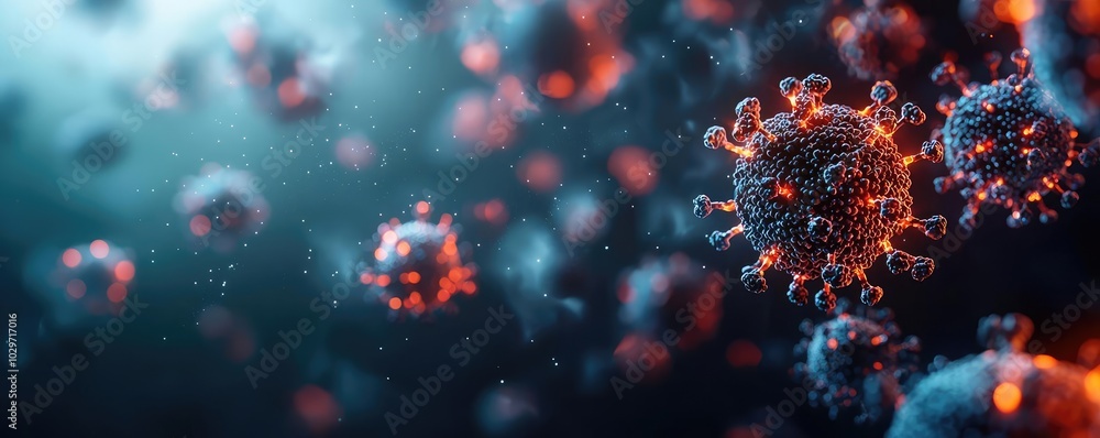 Poster microscopic view of viruses in a dark, abstract background.