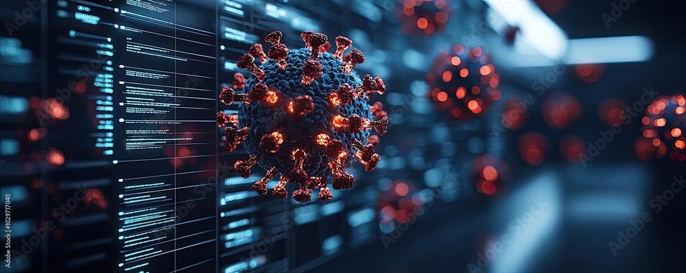 Poster computer-generated image of a virus on a futuristic digital background.