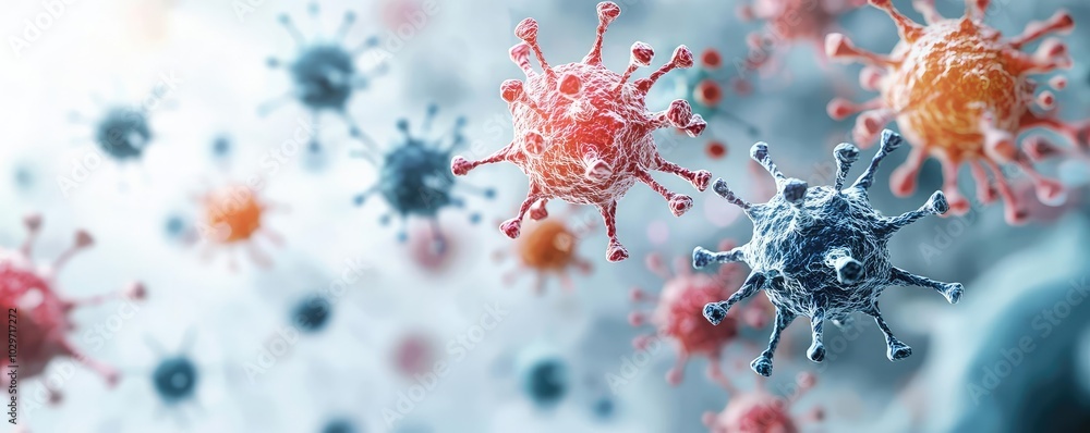 Poster microscopic view of colorful viruses on a white isolated background.