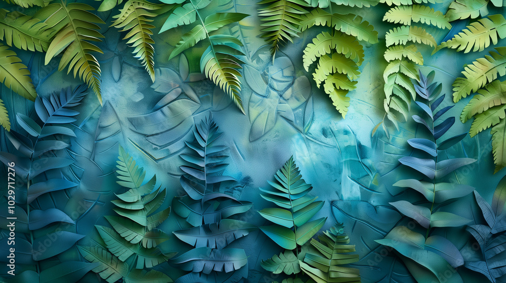 Aufkleber textured 3d botanical artwork with overlapping fern leaves, rendered in cool blues and greens, creat