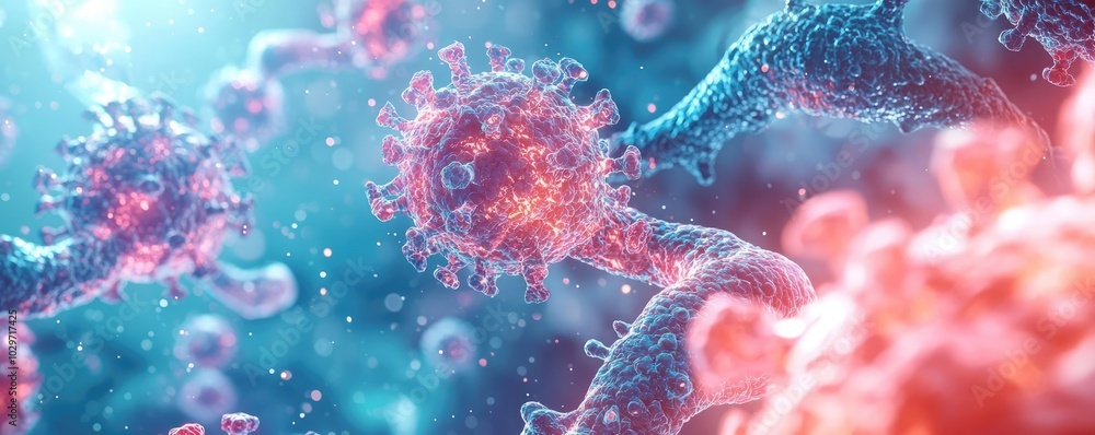 Poster colorful microscopic view of viruses in detail, showcasing intricate structures.