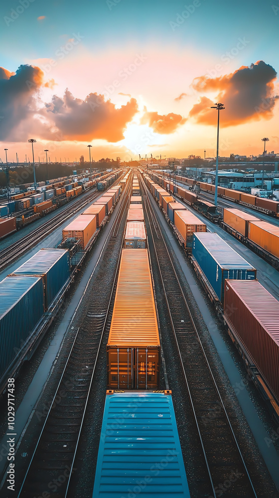 Poster a front view of a rail yard with multiple freight trains parked, waiting for containers to be loaded