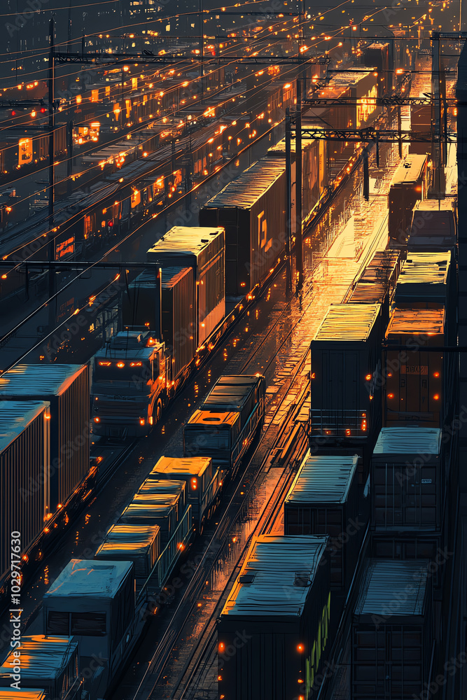 Poster a side view of a logistics hub where trains and trucks are parked side by side, loading and unloadin