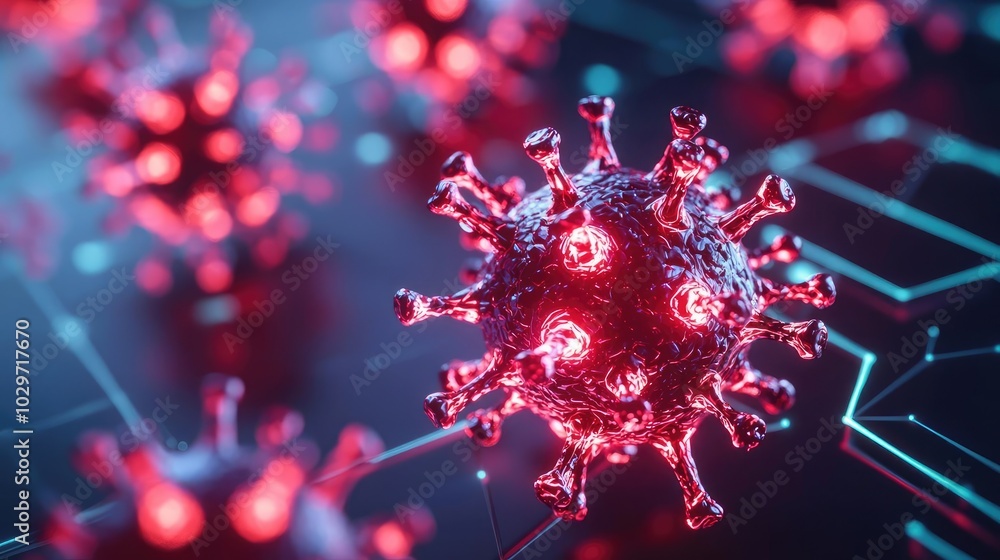 Poster 3D rendering of a virus particle on a digital background, vibrant red and blue colors.