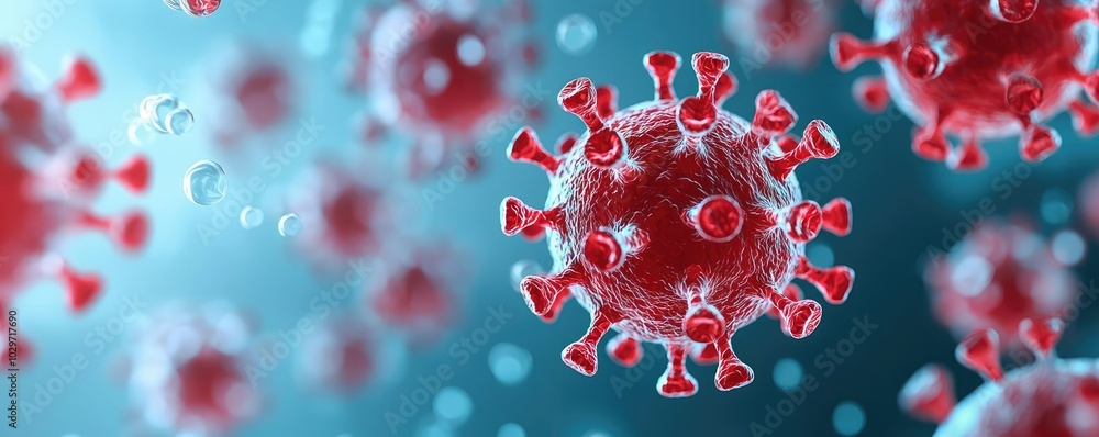 Poster microscopic view of red virus particles on a blue background, white isolate background