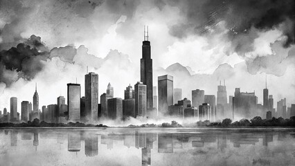 Obraz premium Black and White Silhouette of Chicago Skyline with Watercolor Effect for Artistic Urban Photography