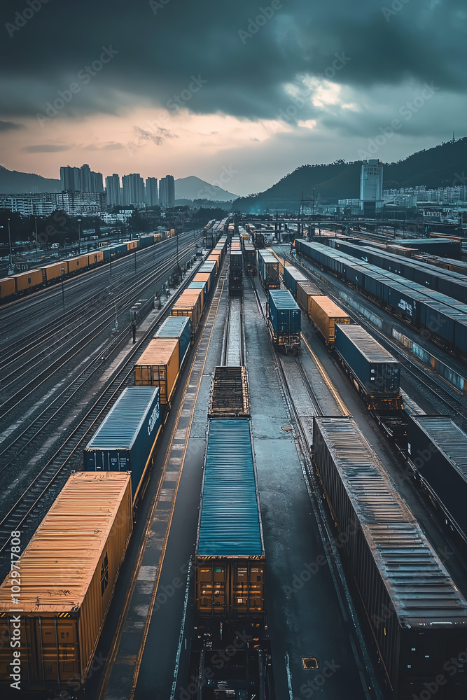 Aufkleber a side view of a logistics hub where trains and trucks are parked side by side, loading and unloadin
