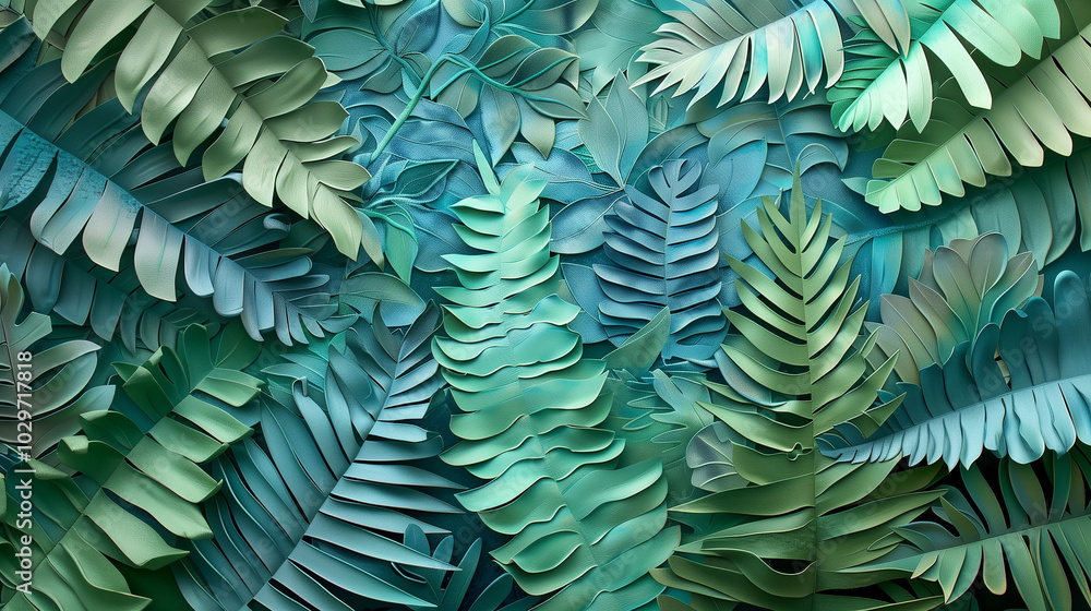 Aufkleber Textured 3D botanical artwork with overlapping fern leaves, rendered in cool blues and greens, creating a calming yet abstract representation of nature. background wallpaper 