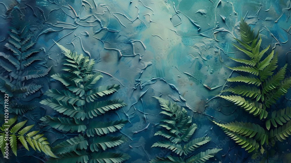 Aufkleber textured 3d botanical artwork with overlapping fern leaves, rendered in cool blues and greens, creat