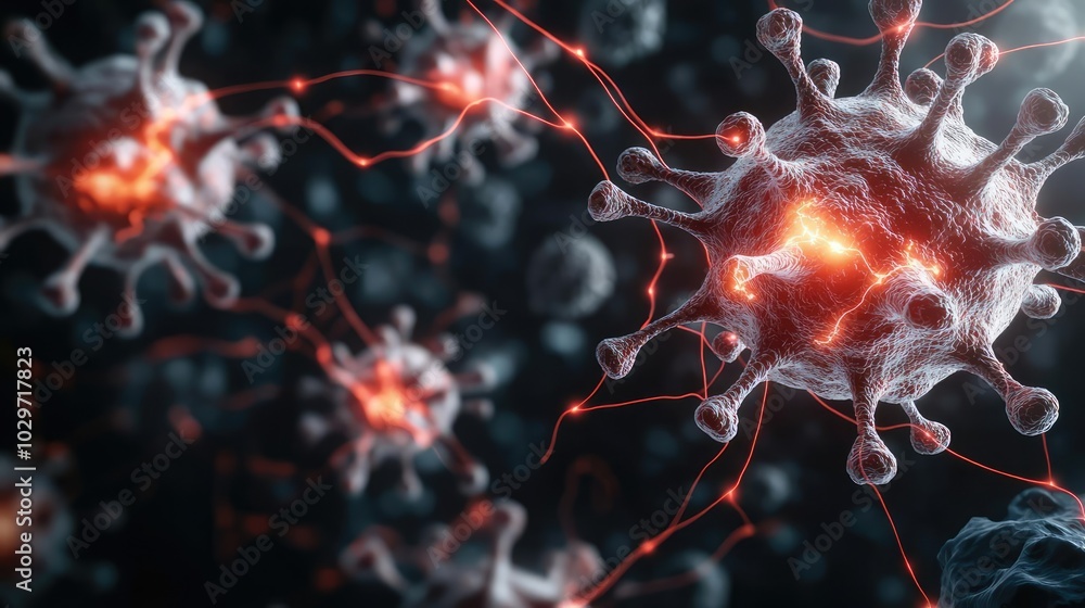 Poster Microscopic view of viruses with glowing elements on a dark background