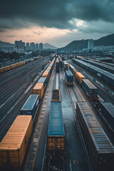 Fototapeta premium A side view of a logistics hub where trains and trucks are parked side by side, loading and unloading goods