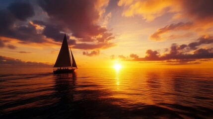 A lone sailboat sails across the vast ocean at sunset, with the sun setting over the horizon and casting a golden glow on the water. This image symbolizes adventure, freedom, exploration, tranquility,