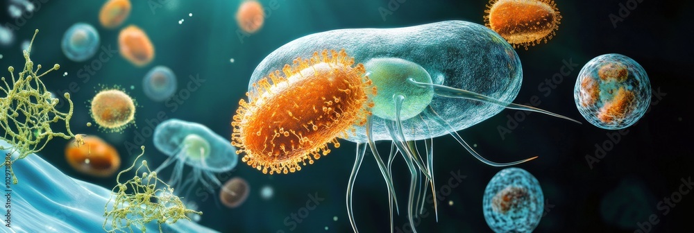 Aufkleber a microscopic image showcasing the complex interaction between bacteria and cells, highlighting the 