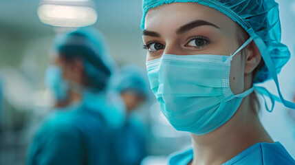 Professional Healthcare Workers in Surgical Masks and Scrubs in a Hospital Setting