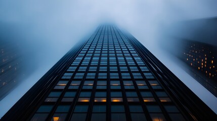 Bold graffiti across the lower levels of sleek skyscrapers, their tops hidden in a misty haze, creating a contrast between urban creativity and towering heights