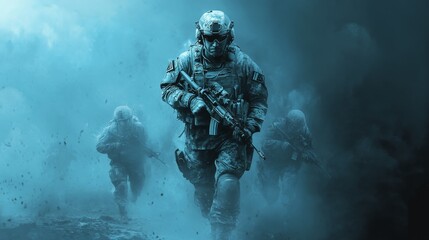 A modern warfare soldier emerges from a foggy battlefield, carrying a rifle and showcasing determination.  The soldier represents courage,  discipline,  and the  unwavering spirit of  military combat.