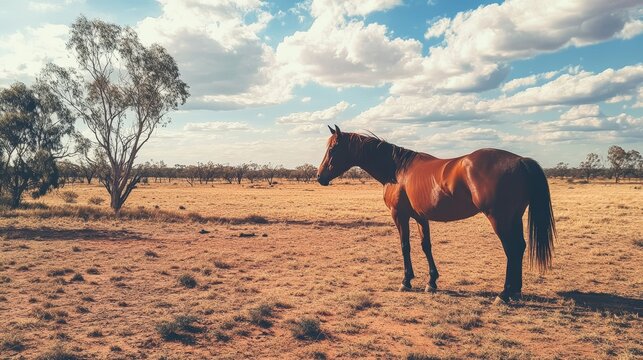 A majestic brown horse stands proudly in the vast and arid Australian Outback, its silhouette framed against a clear blue sky with fluffy clouds. This image symbolizes freedom, resilience, and the bea