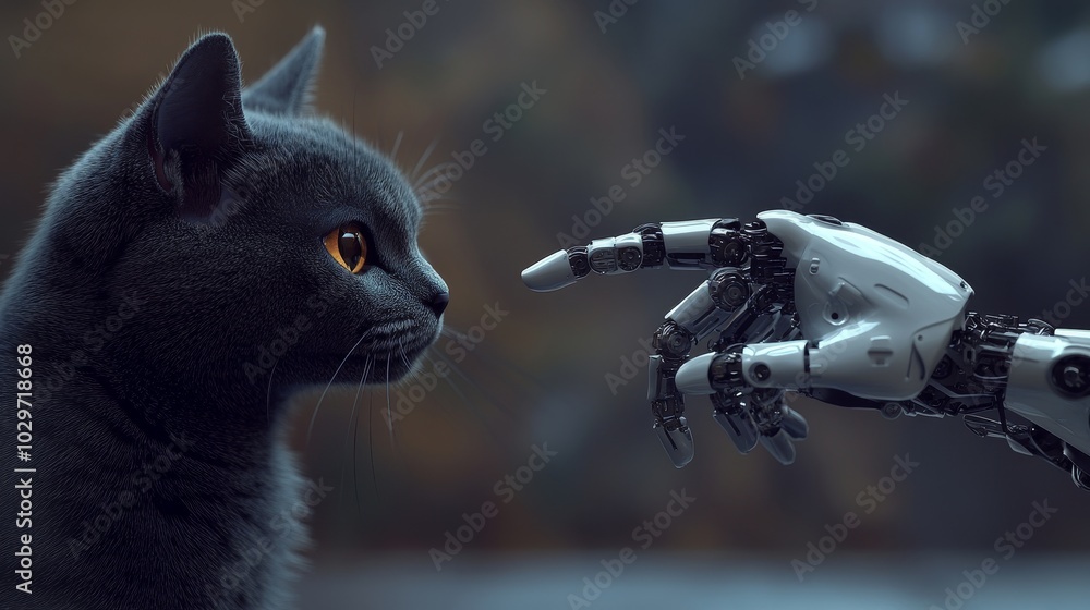 Poster a photorealistic image of a curious cat and a robotic hand pointing at each other, symbolizing the i
