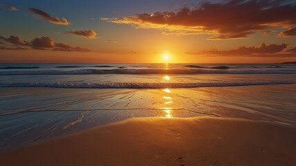 a sunset over a beach with the sun setting behind the horizon.