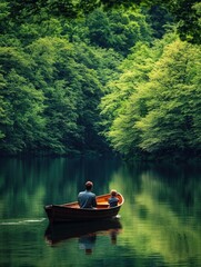 Serene Lake Scene with Family Boating