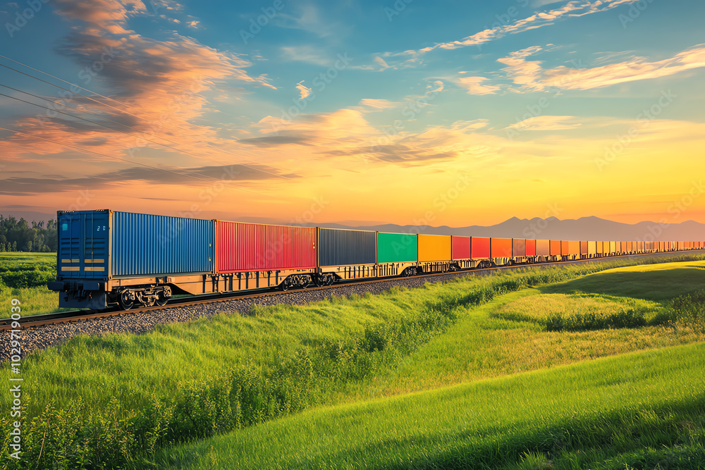Poster a side view of a longdistance cargo train passing through a rural area, loaded with containers for e