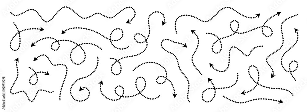 Poster Comic dotted thin arrow set. Wavy curved dashed pointer collection. Squiggle sketchy direction lines. Dots squiggle loop stripe design elements bundle for flyer, poster, brochure, banner. Vector