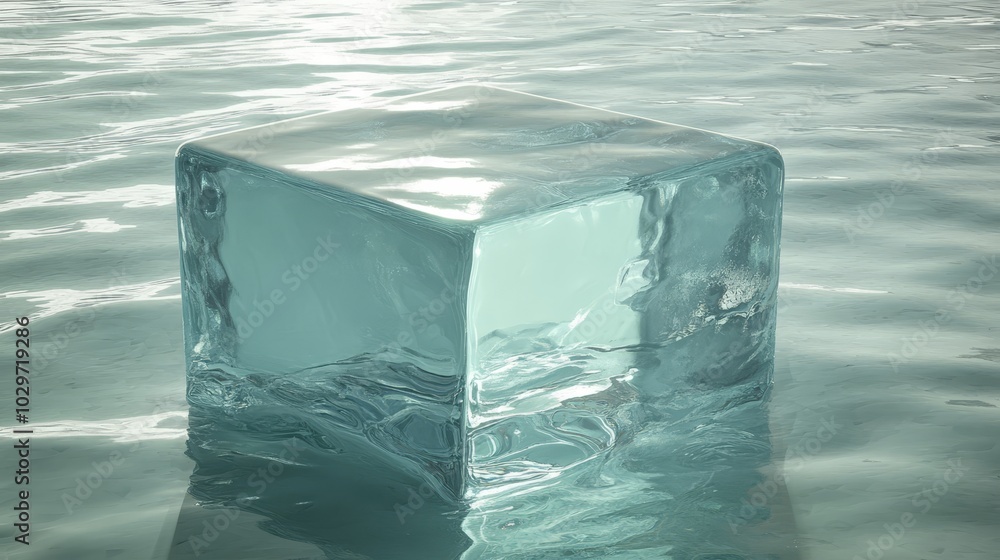 Poster a single cube of water floats on a calm surface, symbolizing purity, clarity, and the potential for 