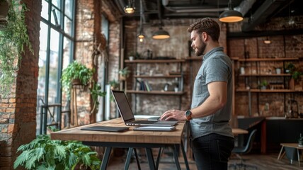 Fototapeta premium Freelancer standing at a high desk in trendy co-working space, industrial decor, laptop and notebook focus, modern work