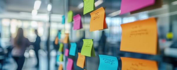 Group brainstorming session in a modern co-working hub, creative post-it notes on glass walls teamwork, innovation